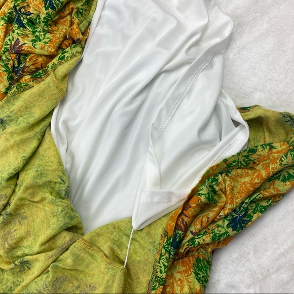 Wayward Fancies Eshakti Dress Large 14 Green Orange Palm Tree Lined Tiered - Picture 2 of 7